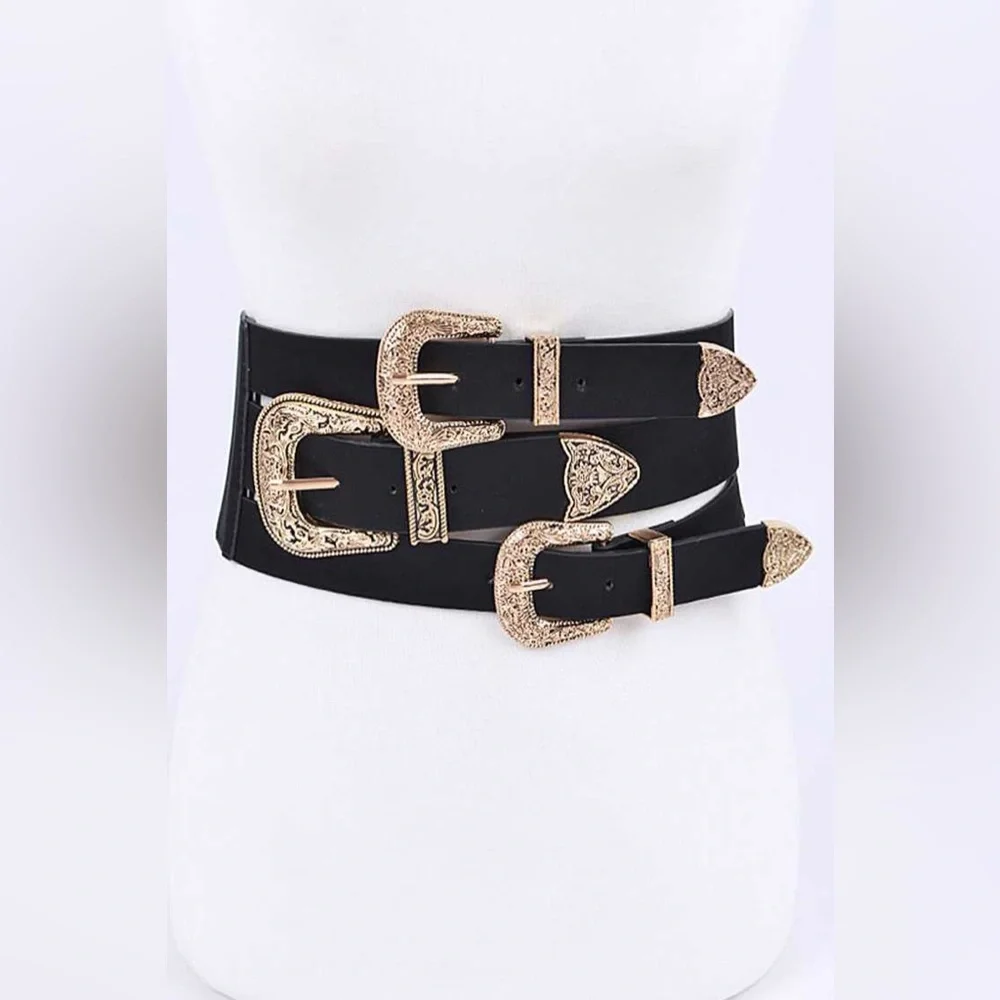 Western Triple Buckle Vegan Leather Elastic Statement Belt